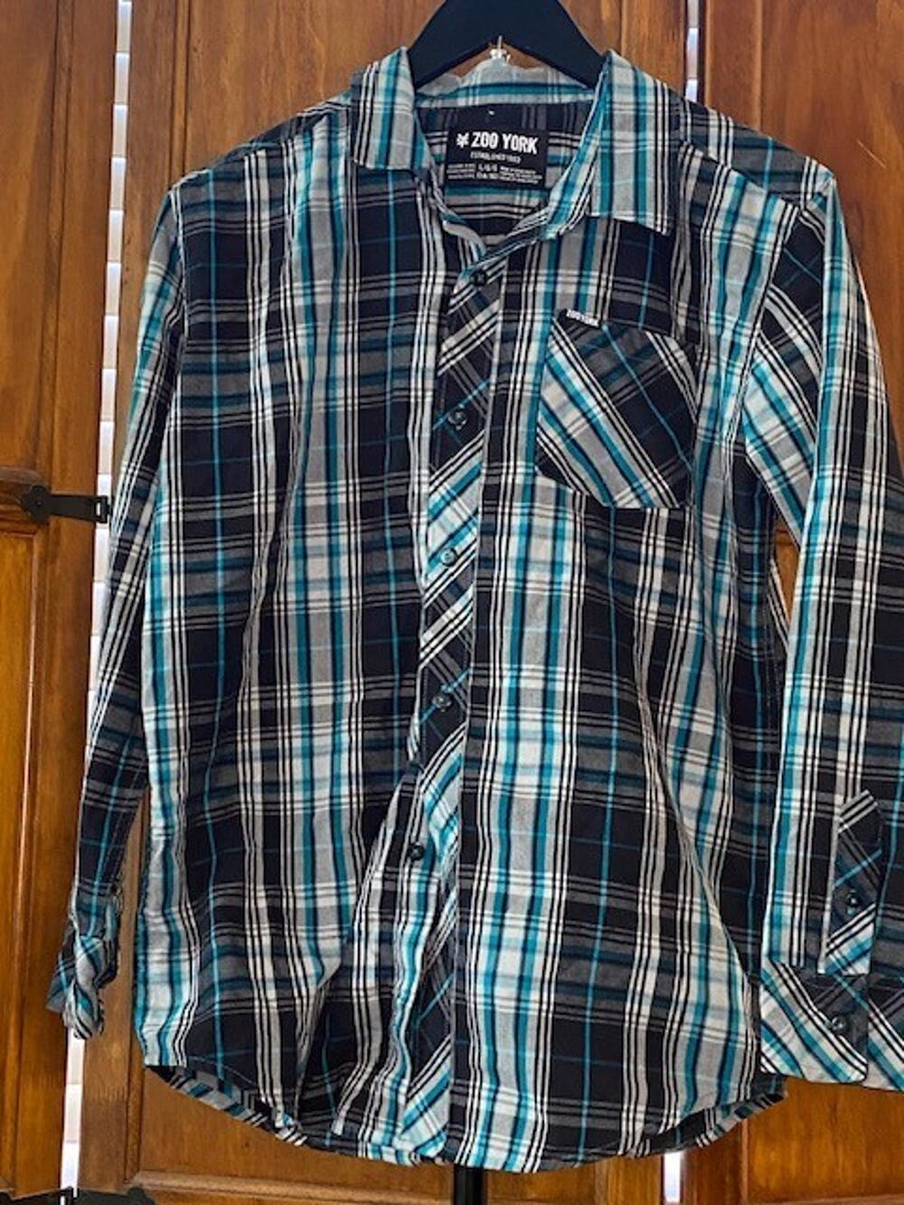 Zoo York Youth Large 14/16 Plaid Button Front Shirt Blue Black White Long Sleeve